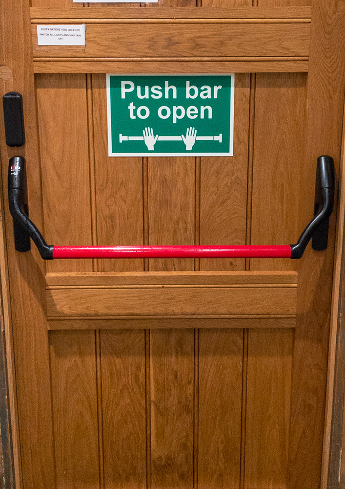 Push bar on rear door at Dumbleton Village Hall with AntiGerm technology